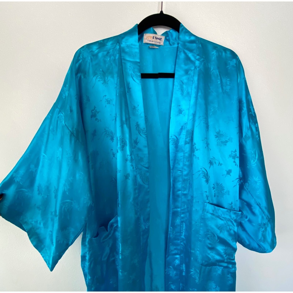 Vintage (86) silk Esme kimono robe turquoise blue, Size S, floral, 47" length